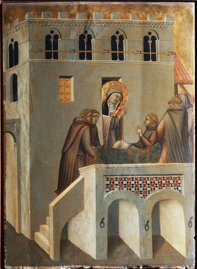 The saint cures the foot of a monk (Polyptych of the life of Saint Humility) by Pietro Lorenzetti