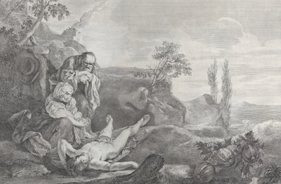 Adam and Eve at left, as an elderly couple, mourning over the corpse of Abel who lies by Pietro Monaco