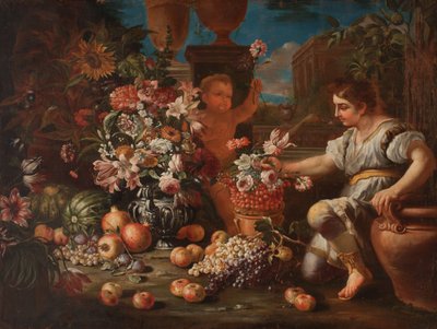 A Boy and a Putto Among Flowers and Fruit by Pietro Paolo (attr. to) Bonzi