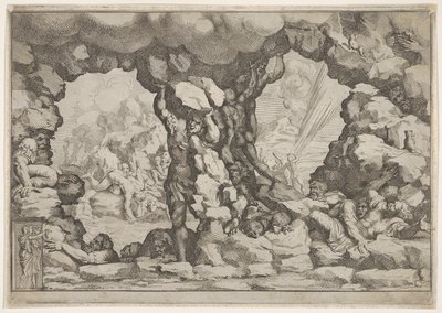 A giant heaving a boulder at center, other giants to left and right struggling and rec... by Pietro Santi Bartoli