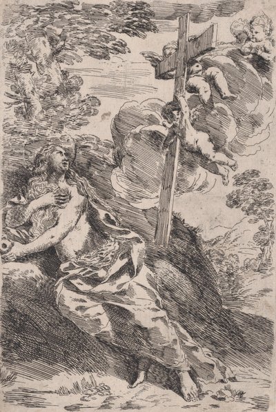 Mary Magdalene in the desert, a cross borne by angels at the right by Pietro Testa