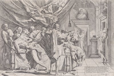 The suicide of the philosopher Cato, who lies on his bed pulling out his innards watched b... by Pietro Testa
