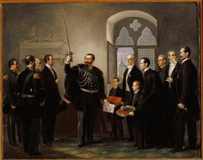 Vittorio Emanuele II of Savoy, in Pistoia, brandishing the sword of the Ghibelline condottiere Castracani by Pietro Ulivi