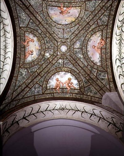 The semicircular ionic portico, detail of the ceiling vault decorated with putti in a garden by Pietro Venale