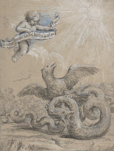 Design with an Eagle Fighting with a Serpent and a Putto in the Sky Holding, 17th century by Pietro da Cortona