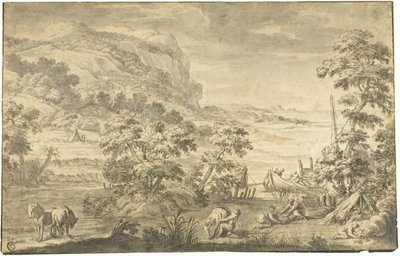 Italianate Coastal Scene with Fishermen, Encampment; River Estuary by Pietro da Cortona