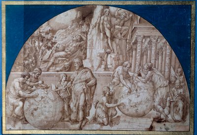 Astronomy allegory. Scientists are taking measurements on Earth globes by Pirro Ligorio