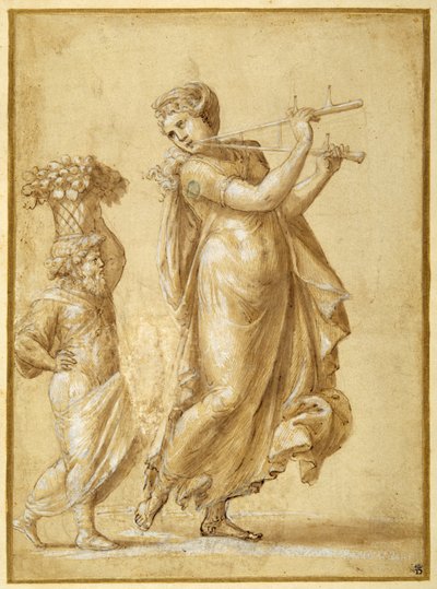 Woman Playing the Flute, Accompanied by a Canephoric Bearded Dwarf by Pirro Ligorio