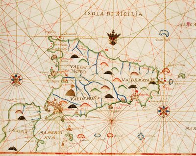 Sicily from portolan atlas consisting of six charts, Parchment. 1646 by Placido Caloiro e Oliva