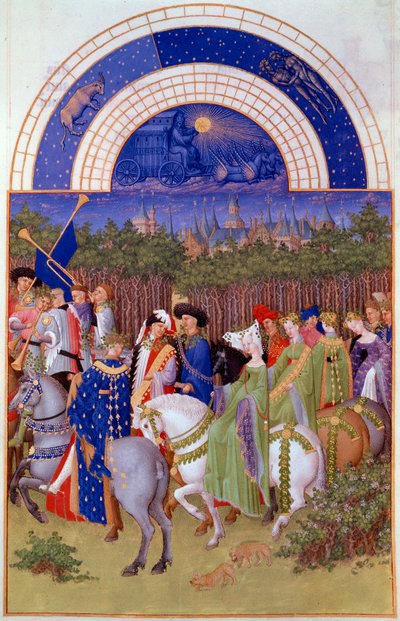 Cortege of Nobles and Musicians on Horseback, View of the Ducal Palace of Riom (?) and the Month of May by Pol de Limbourg