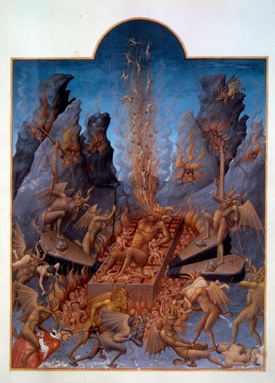 Hell. Devils operate bellows to stir up the fire, burning the damned and making them suffer various torments. Miniature in 