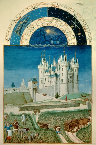September: harvest. In the background the castle of Saumur. Miniature Flemish by Pol De Limburg from the manuscript 