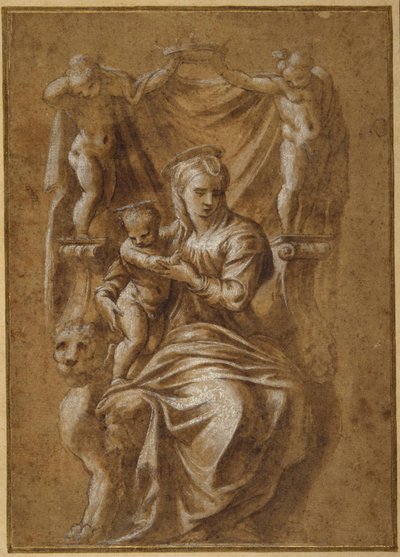 The Madonna and Child enthroned by Polidoro da (follower of) Caravaggio