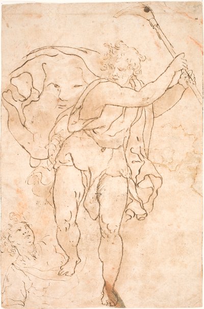 Man Swinging a Pickaxe. With a Flowing Cape, Bearing Summary Facial Features. At His Feet, the Upper Body of a Young Man. by Polidoro da Caravaggio