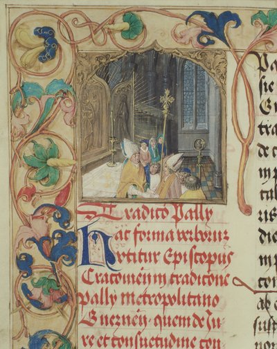 Bishop from Cracow handing over the Pallium to the Archbishop of Gniezno from the Pontifical of Bishop Erasmus Ciolek c.1510 by Polish School