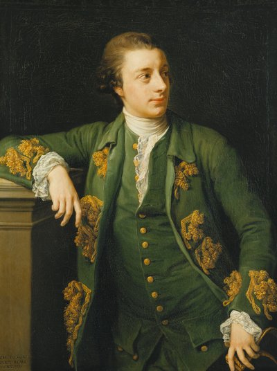 Portrait of Thomas Fortescue, M.P., Standing, three quarter length, Wearing a Green Coat and Waistcoat, Leaning His Right Arm on a Pedestal and Holding a Tricorn Hat in His Left Hand by Pompeo Girolamo Batoni