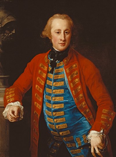 Portrait of a Cavalry Officer in Walking-Out Dress, Three-Quarter Length, Leaning on a Pedestal by a Bust of Mars by Pompeo Girolamo Batoni