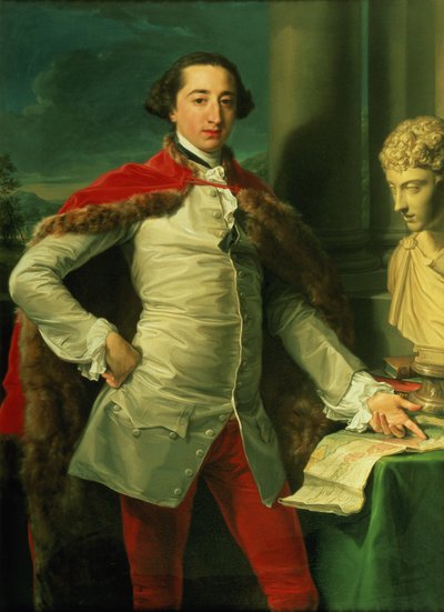 Portrait of a Gentleman, standing three-quarter length, Wearing a White Waistcoat, a Red Fur-Lined Cloak and Red Breeches, Pointing to a Map on a Table, with a Bust of Antoninus Beside Him by Pompeo Girolamo Batoni
