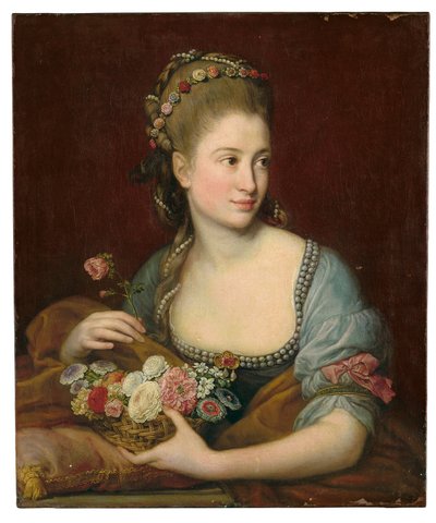 Portrait of a lady as Flora, half-length, holding a wicker basket of flowers by Pompeo Girolamo Batoni