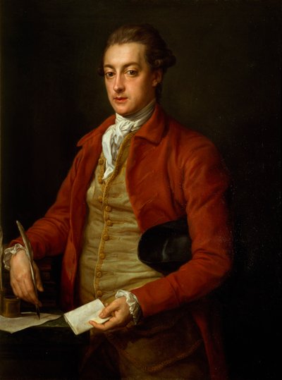 Portrait of the Hon. Lionel Damer, Half Length in Red Coat with Grey Vest and White Cravat, Holding a Paper and Quill Pen by Pompeo Girolamo Batoni
