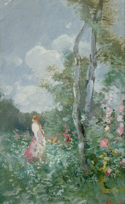 A Girl Walking in a Wooded Glade by Pompeo Mariani