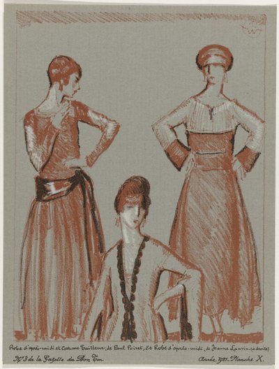 Gazette du Bon Ton, 1921 - No. 3, Pl. X: Afternoon Dress and Tailored Suit by Paul Poiret, and Afternoon Dress by Jeanne Lanvin by Porter Woodruff