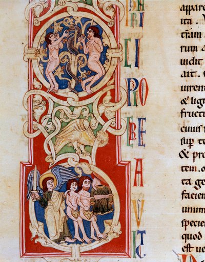 Adam and Eve near the Tree of Knowledge, below they are hunted from Paradise. Miniature taken from 