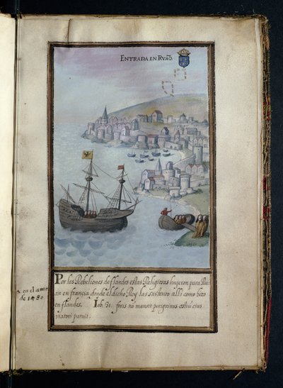 Arrival at Rouen, from a history of the peregrinations of the Syon Nuns, compiled in Lisbon in the early 17th century by Portuguese School
