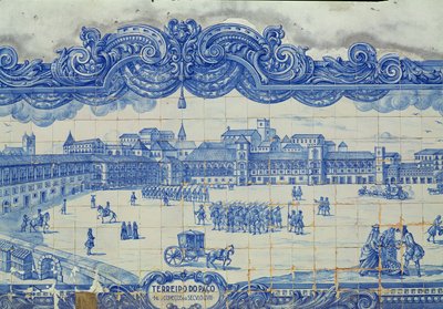 Azulejos tiles depicting the Praca do Comercio, Lisbon by Portuguese School