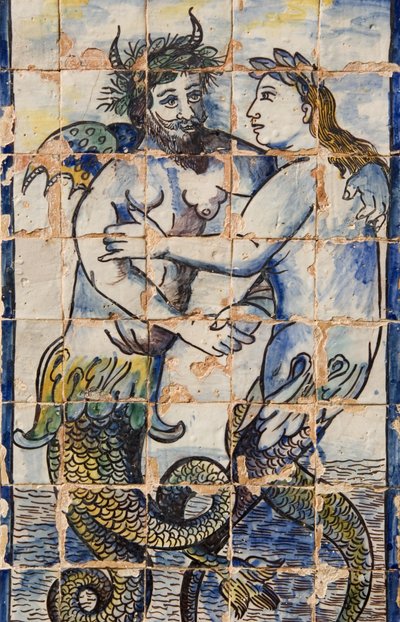 Azulejos tiles in the palace gardens depicting sea creatures by Portuguese School