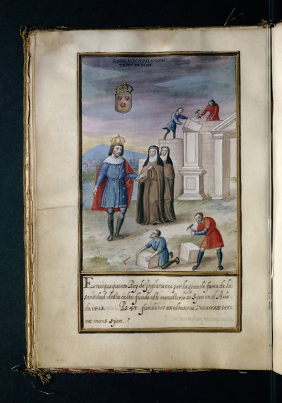 Building the convent at Syon, from a history of the peregrinations of the Syon Nuns, compiled in Lisbon in the early 17th century by Portuguese School