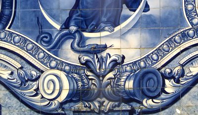 Detail of a decorative panel showing the Virgin Mary crushing the Serpent, Lamego, Portugal. 1738 by Portuguese School