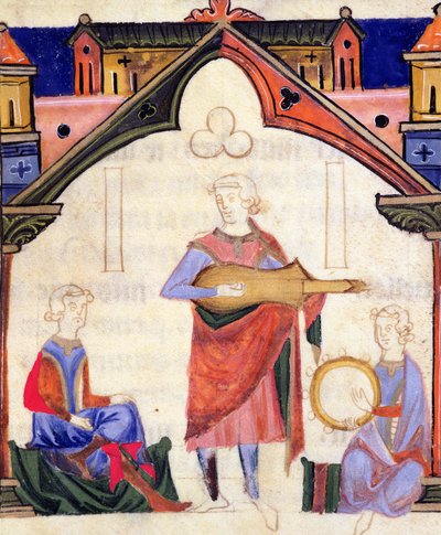 Musicians Playing the Guitar and Tambourine, from the Chansonnier des Nobles by Portuguese School