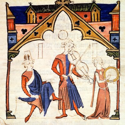 Musicians Playing a Viola and a Tambourine, from the Chansonnier des Nobles by Portuguese School