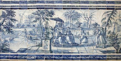 Fruit tasting near a lake in Asia - Azulejos, painted faience by Portuguese School