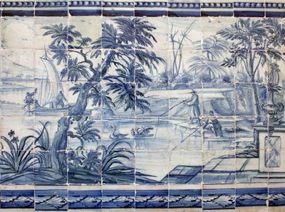 Lake fishermen in Asia - Azulejos, painted faience by Portuguese School