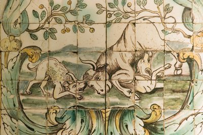 Majolica tiles depicting dogs attacking a bull, from The Hunting Room at Palacio da Praia, Belem, c.1680 by Portuguese School