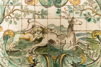 Majolica tiles depicting dogs chasing a deer from The Hunting Room at Palacio da Praia, Belem, c.1680 by Portuguese School