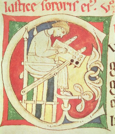 Historiated initial C depicting a monk writing, from Vitae Sanctorum, Santa Cruz de Coimbra by Portuguese School