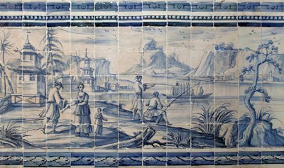Scene on the banks of a lake in Asia - Azulejos, painted faience by Portuguese School