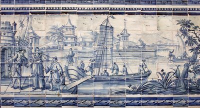 Scene on the banks of a river in Asia - Azulejos, painted faience by Portuguese School