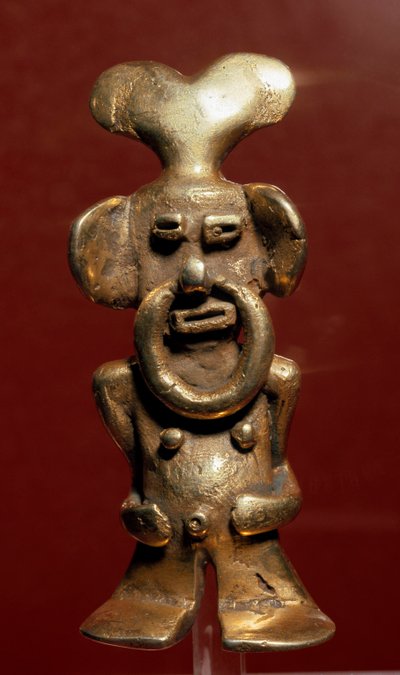 Precolombian art, Quimbaya civilization (Colombia): anthropomorphic gold statuette depicting a man with a ring in his nose. 400-1400 AD by Pre Columbian Pre Columbian