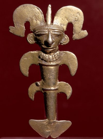 Precolombian art, Quimbaya civilization: anthropomorphic pendant in gold. 400-1400 AD. Bogota, Museo de Oro, Colombia by Pre Columbian Pre Columbian