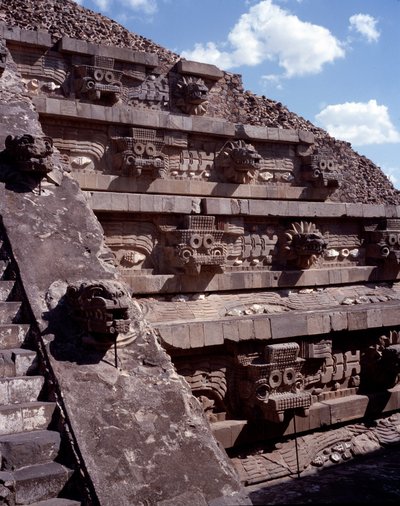 View of the site of Teotihuacan (300 BC-600 AD): the Temple of Quetzalcoatl or Temple of the Feathered Snake. Mexico by Pre Columbian Pre Columbian