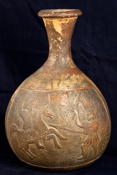 Bottle Depicting a Fight Between a Rider and a Warrior on Foot by Precolombian Precolombian