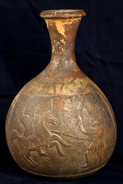 Bottle Depicting a Fight Between a Rider and a Warrior on Foot by Precolombian Precolombian