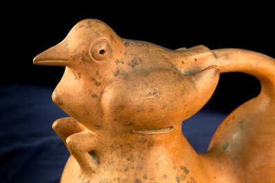 Ceramic with Bridge Handle and Bird Design by Precolombian Precolombian
