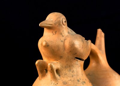 Ceramic with Bridge Handle and Bird Design by Precolombian Precolombian