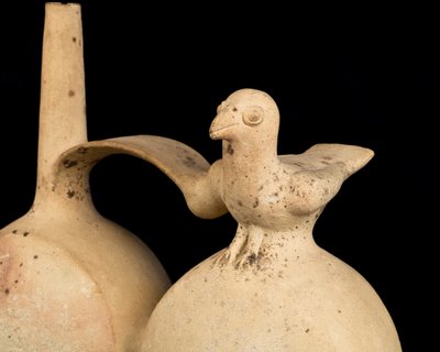 White Ceramic with Double Body and Bridge Handle by Precolombian Precolombian