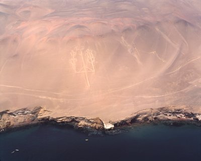 Aerial view of the Paracas Candelabra or the Candelabra of the Andes, at Pisco Bay by Prehistoric Prehistoric